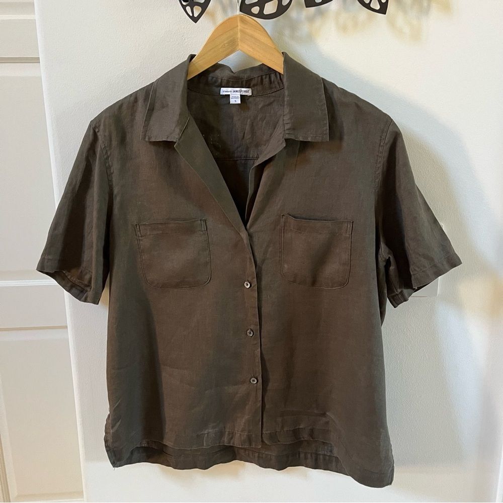 Standard James Perse Lightweight Linen Boxy Fit Shirt in Army Brown L - Picture 4 of 11